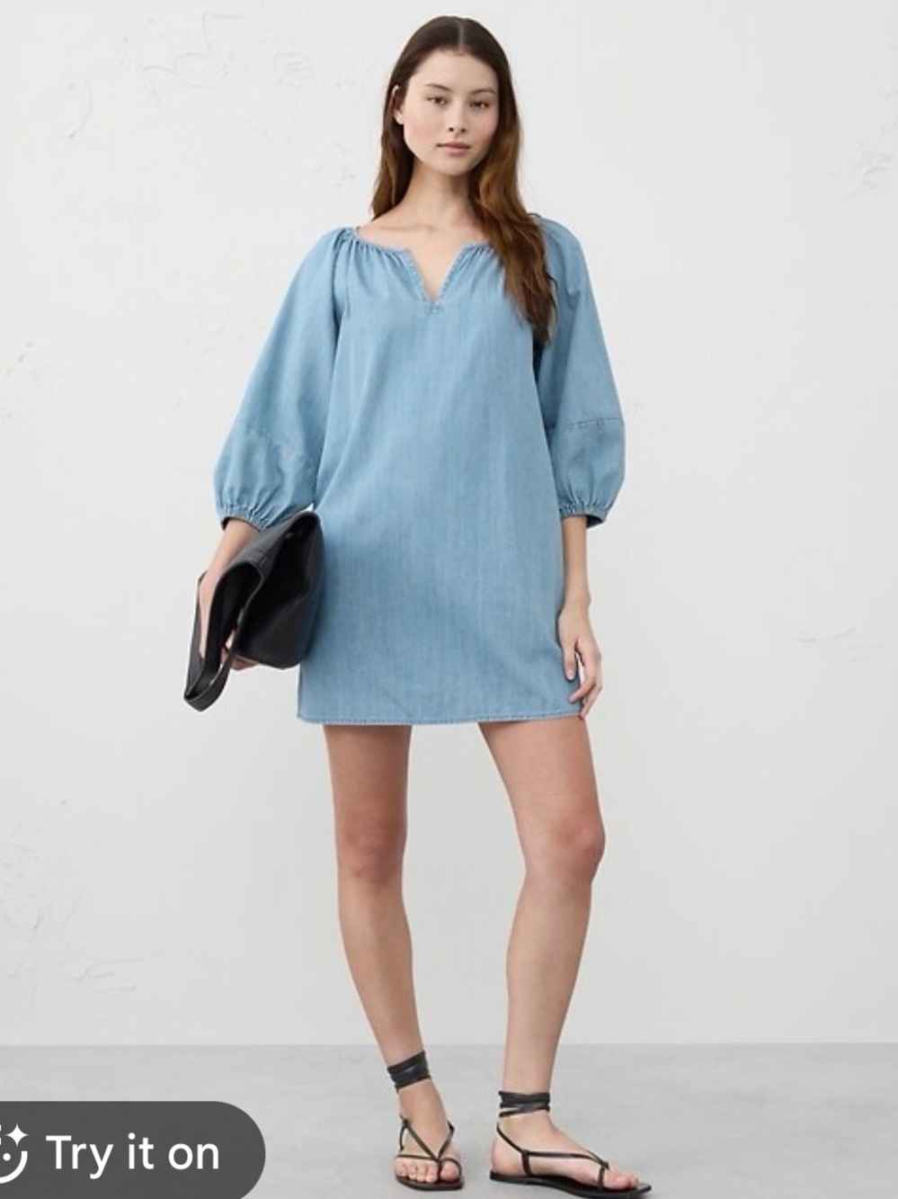 H&M light blue linen-blend V-neck dress featuring elbow-length puff sleeves